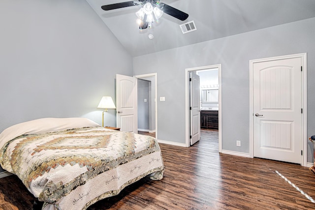 bedroom with ceiling fan, dark wood-type flooring, connected bathroom, and high vaulted ceiling