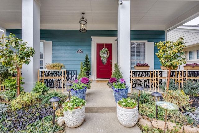 view of exterior entry with covered porch