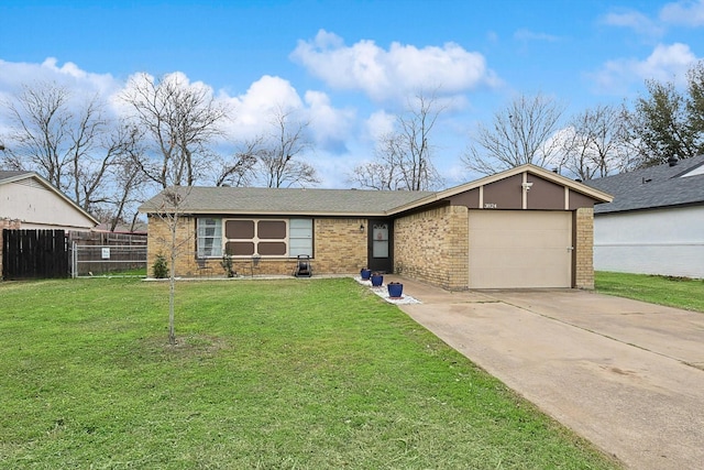 single story home featuring a front yard and a garage