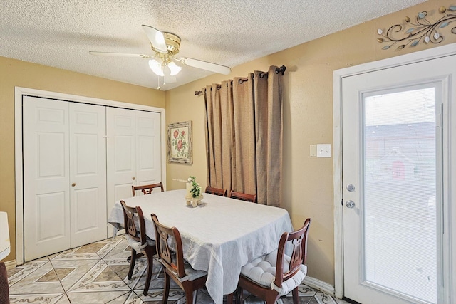 dining room with ceiling fan and a textured ceiling