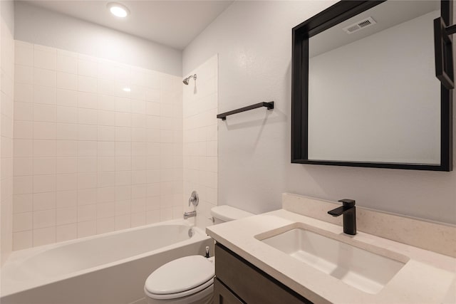 full bath featuring visible vents, toilet, bathtub / shower combination, and vanity