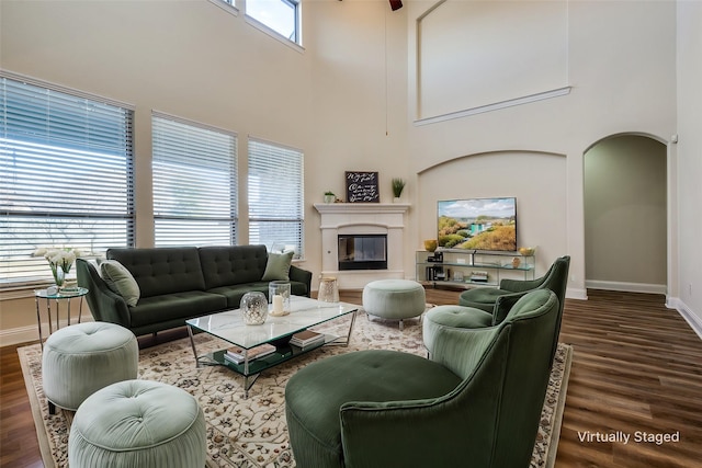 living room with a high ceiling and dark hardwood / wood-style flooring