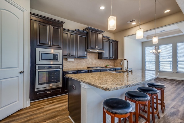 kitchen with dark hardwood / wood-style floors, sink, hanging light fixtures, appliances with stainless steel finishes, and an island with sink