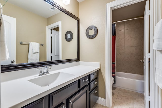 full bathroom with toilet, shower / bathtub combination with curtain, tile patterned floors, and vanity