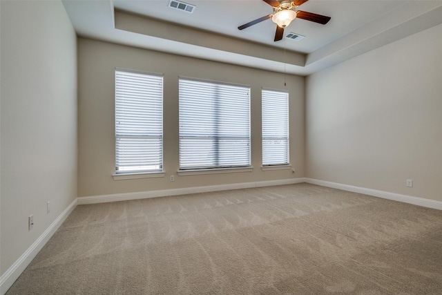 spare room featuring a raised ceiling, a healthy amount of sunlight, ceiling fan, and light colored carpet