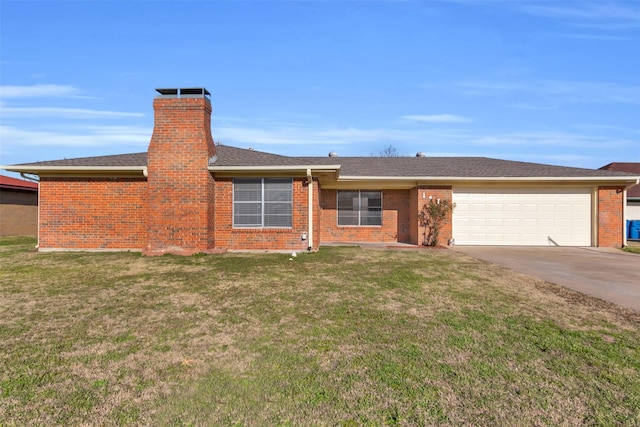 ranch-style house featuring a front yard and a garage