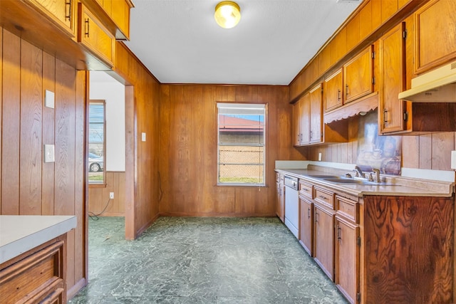 kitchen featuring white dishwasher, sink, and wooden walls