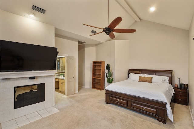 bedroom featuring ceiling fan, light colored carpet, and lofted ceiling with beams