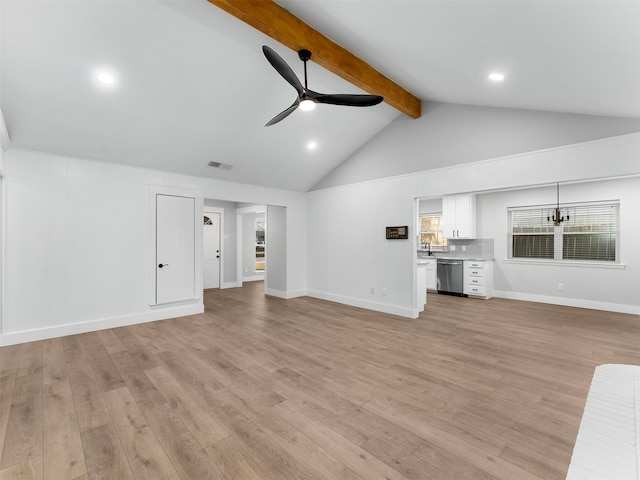 unfurnished living room with ceiling fan, lofted ceiling with beams, sink, and light hardwood / wood-style floors