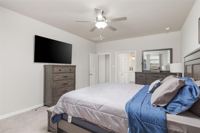 bedroom with ceiling fan and light colored carpet