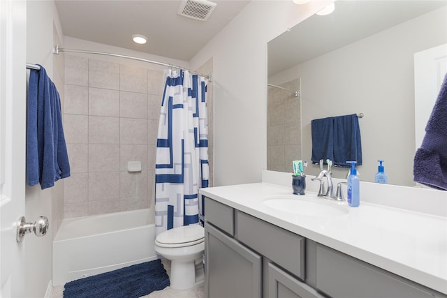 full bathroom with toilet, vanity, and shower / bath combination with curtain