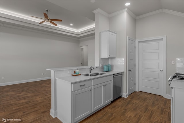 kitchen featuring white cabinetry, decorative backsplash, sink, ornamental molding, and stainless steel dishwasher