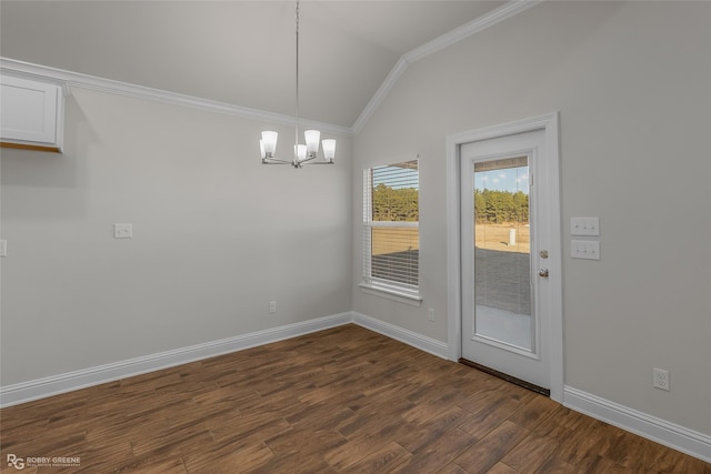 unfurnished dining area featuring crown molding, dark hardwood / wood-style flooring, lofted ceiling, and a chandelier