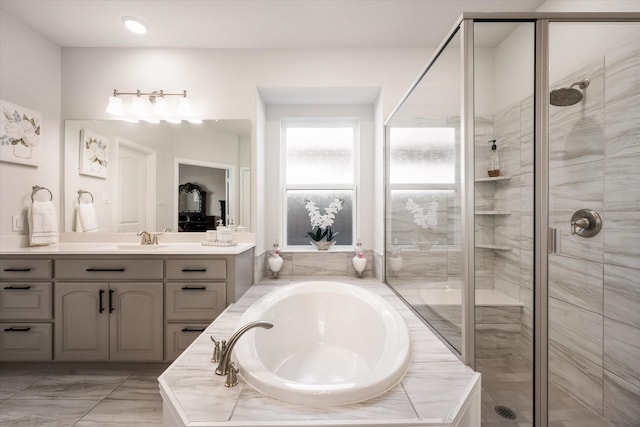 bathroom with vanity and plus walk in shower