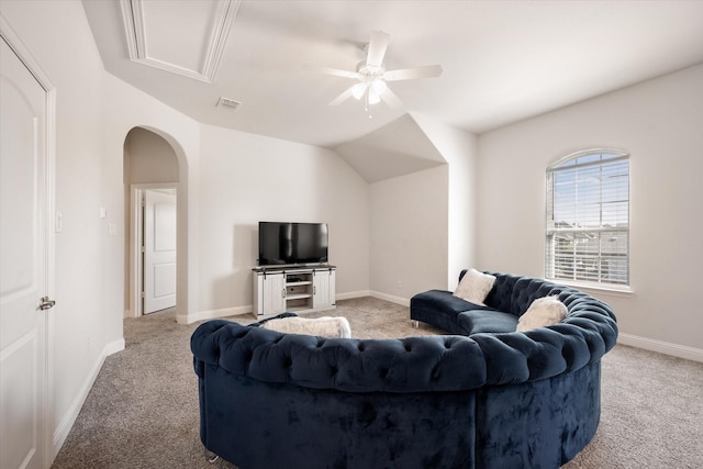 living room with ceiling fan and carpet floors