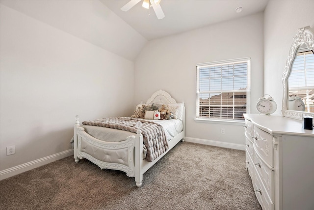 bedroom featuring ceiling fan, light colored carpet, and lofted ceiling