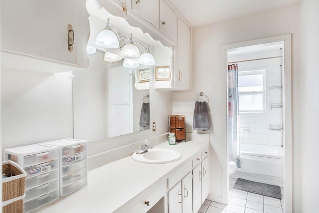 full bathroom with toilet, shower / tub combo, tile patterned floors, and vanity