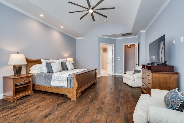 bedroom with ceiling fan, dark wood-type flooring, ornamental molding, and lofted ceiling