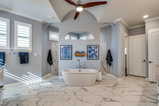 bathroom with ceiling fan, vaulted ceiling, ornamental molding, and a bath