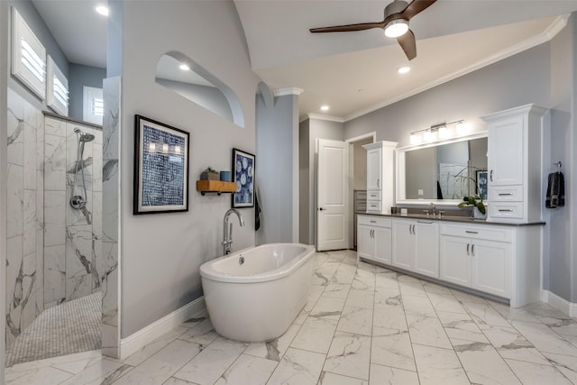 bathroom featuring ceiling fan, vanity, ornamental molding, and shower with separate bathtub