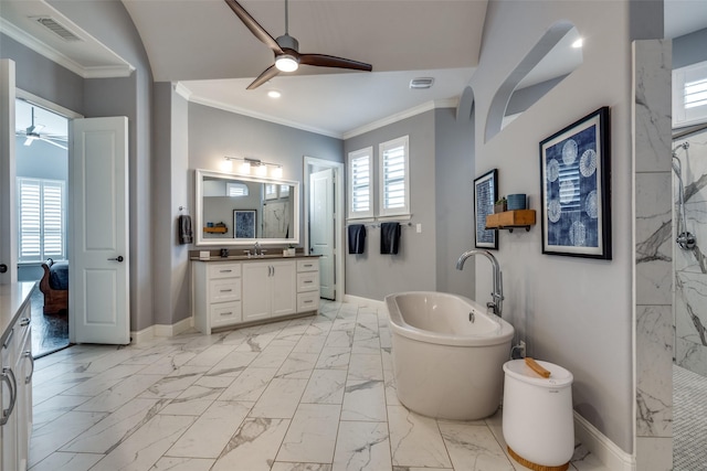 bathroom featuring ceiling fan, vanity, ornamental molding, and shower with separate bathtub