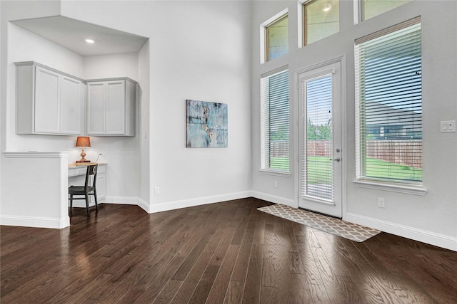 foyer entrance with dark wood-type flooring and baseboards