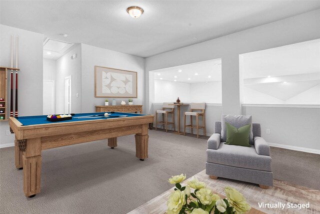 playroom featuring carpet floors, billiards, and baseboards