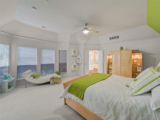 bedroom featuring vaulted ceiling, ceiling fan, and carpet flooring