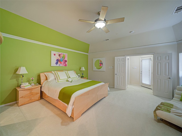 bedroom with ceiling fan and light colored carpet