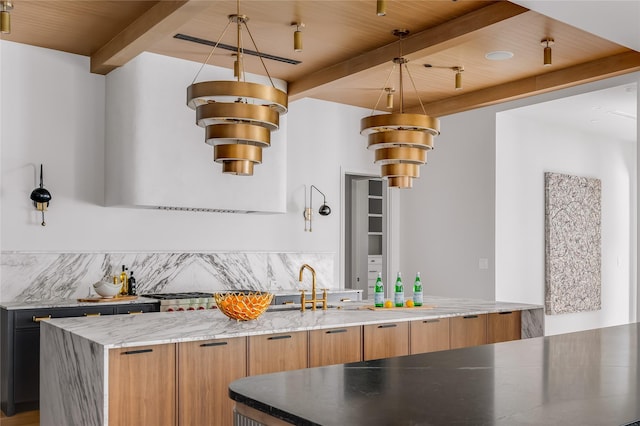 kitchen featuring light stone countertops, backsplash, beamed ceiling, and wood ceiling