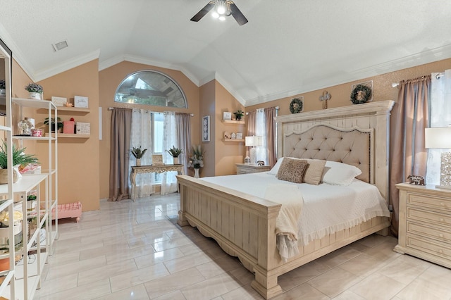 tiled bedroom with lofted ceiling, ceiling fan, and a textured ceiling