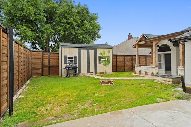 view of yard featuring a storage unit