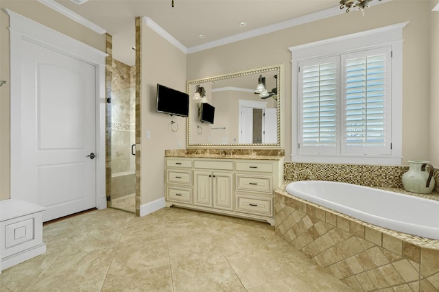 bathroom with vanity, crown molding, and plus walk in shower