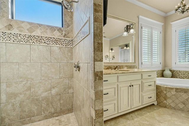 bathroom with tile patterned floors, vanity, ornamental molding, and plus walk in shower