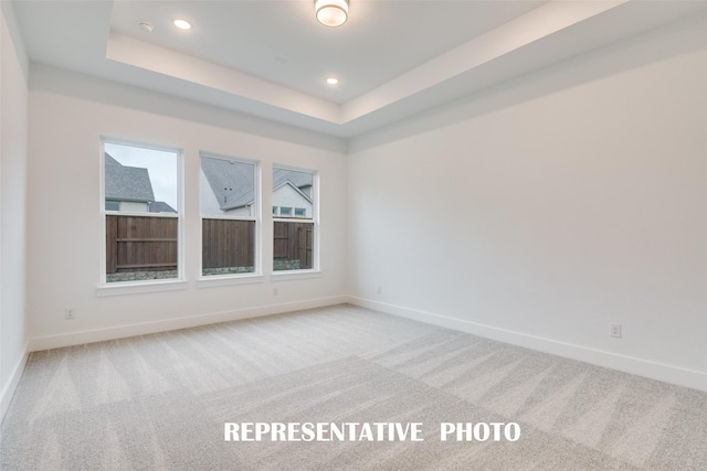 carpeted spare room with a raised ceiling