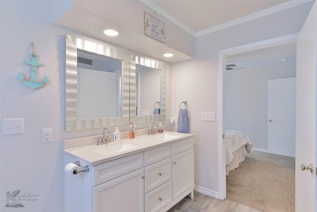 bathroom featuring crown molding and vanity