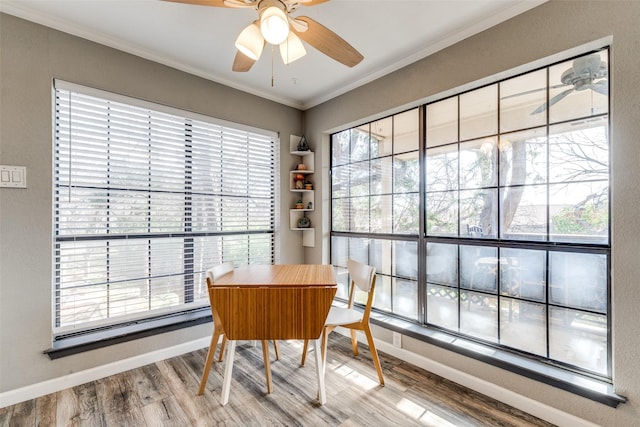 office area with ceiling fan, hardwood / wood-style flooring, ornamental molding, and a healthy amount of sunlight