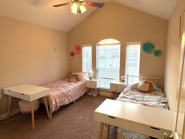 bedroom with ceiling fan, lofted ceiling, and carpet floors