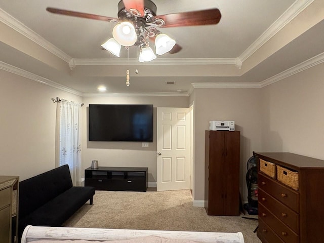 carpeted living room with ceiling fan, crown molding, and a raised ceiling