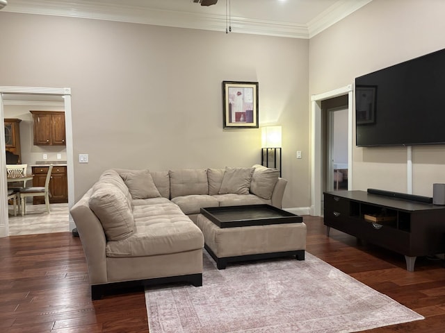 living room with ceiling fan, dark hardwood / wood-style flooring, and crown molding