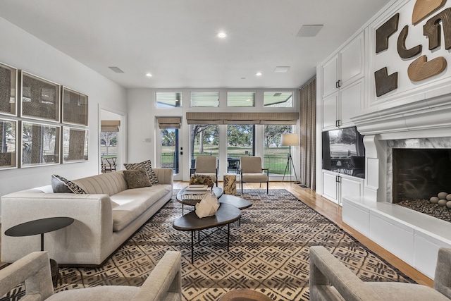 living room with dark wood-type flooring and a premium fireplace