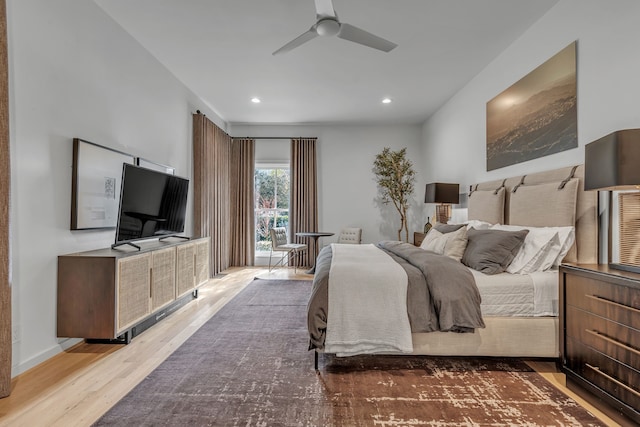 bedroom with a ceiling fan, wood finished floors, recessed lighting, baseboards, and access to exterior