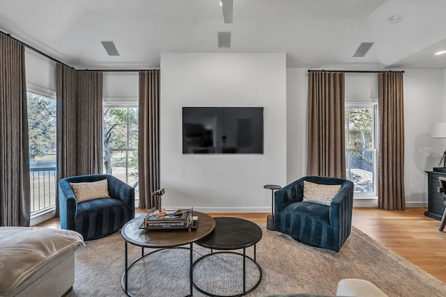 living area featuring a wood stove, wood finished floors, and baseboards