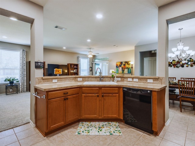 kitchen with kitchen peninsula, black dishwasher, light colored carpet, ceiling fan with notable chandelier, and sink