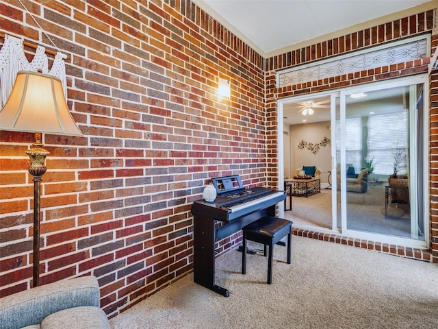 miscellaneous room with brick wall and carpet flooring