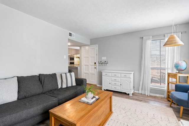 living room featuring plenty of natural light, a textured ceiling, and light hardwood / wood-style floors