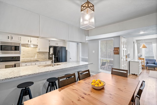 dining area with sink and light hardwood / wood-style flooring