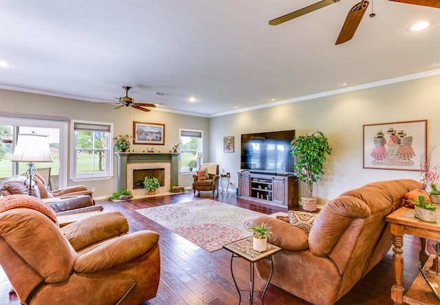 living room featuring dark wood-type flooring, a high end fireplace, and ornamental molding