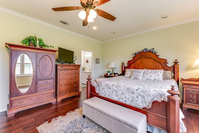 bedroom with ensuite bathroom, ceiling fan, dark wood-type flooring, and crown molding