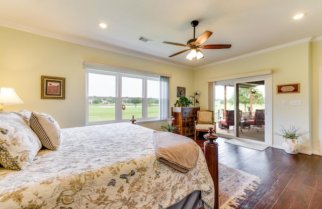 bedroom with ceiling fan, access to exterior, crown molding, and multiple windows